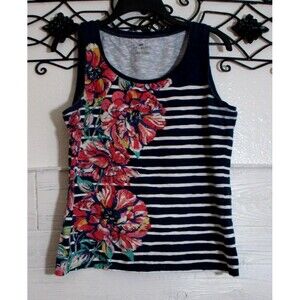Talbots Knit Top Women's Size M Blue Floral Sleeveless Scoop Neck